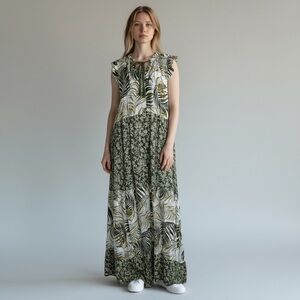Kaktus Prairie Boho Keyhole Neck Maxi Cottage Dress Large Green Floral Tiered